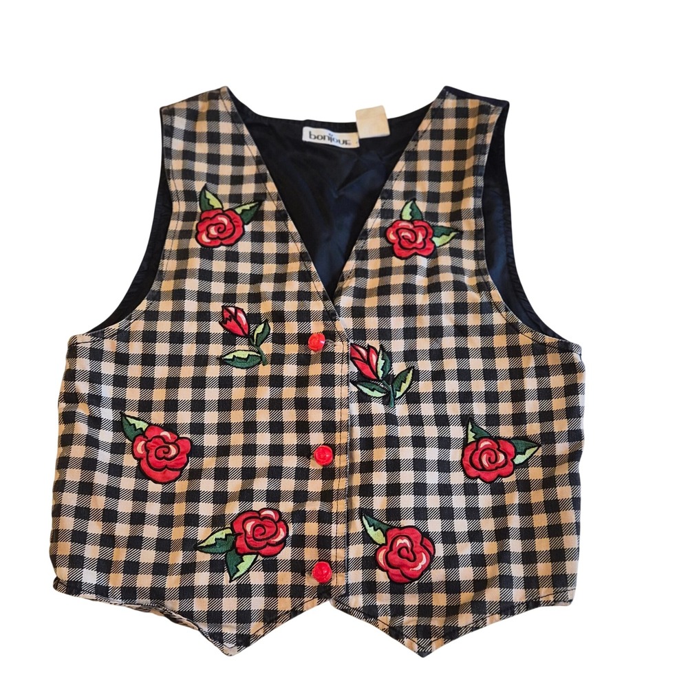 Vintage Bonjour Rose Embroidered Gingham Vest Black Tan Floral Cottagecore 12
